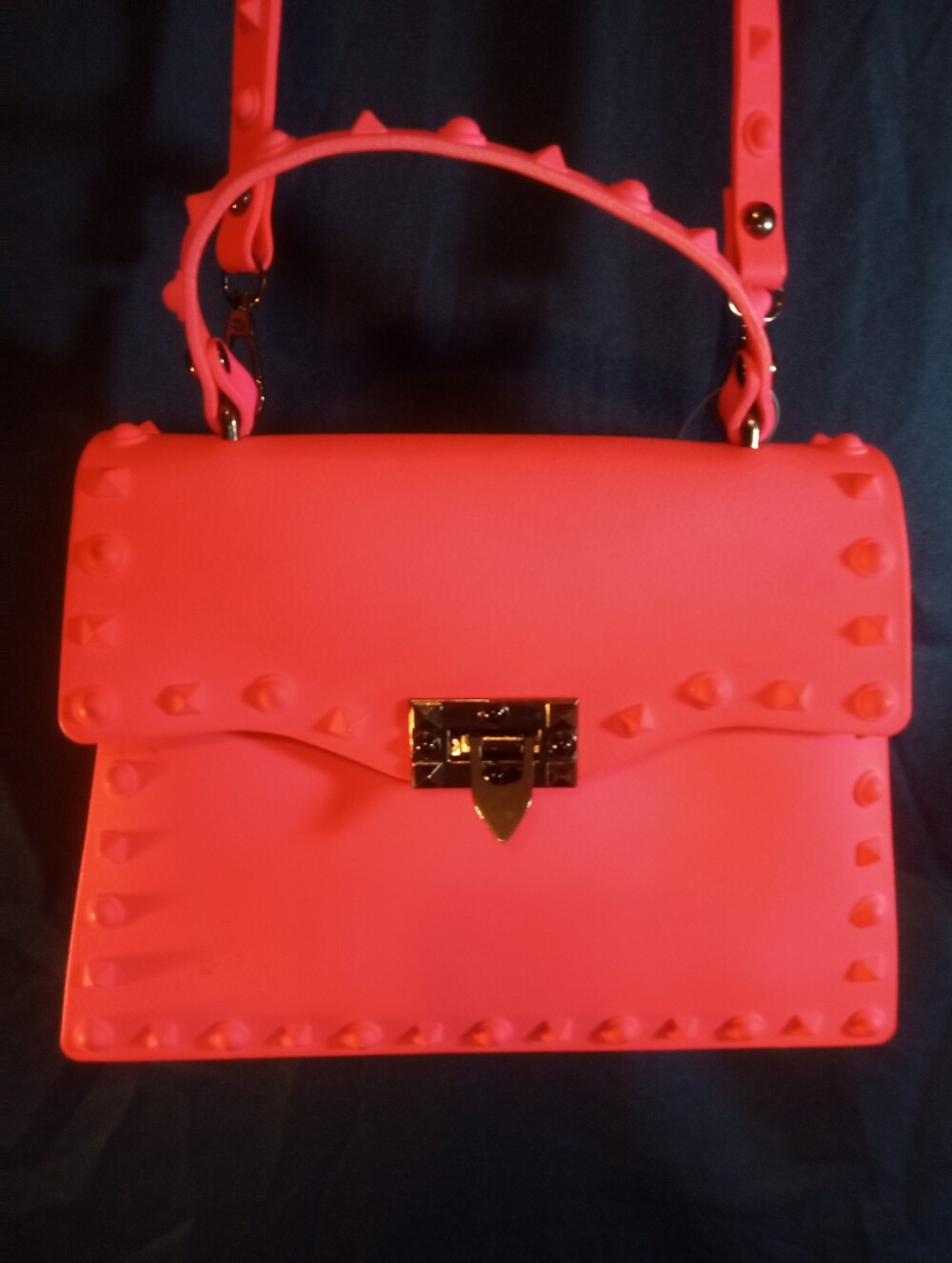 No Brand Jelly Purse Stud-Trim Structured Crossbody Bag in Neon Coral